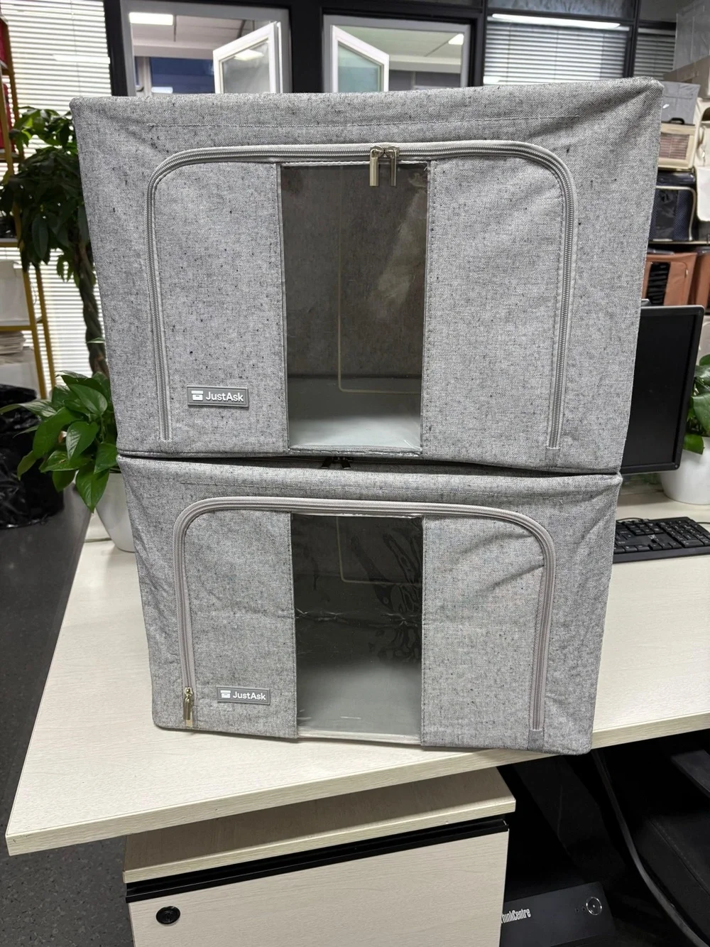 Grey Fabric Storage Boxes with Clear Window - Set of 2
